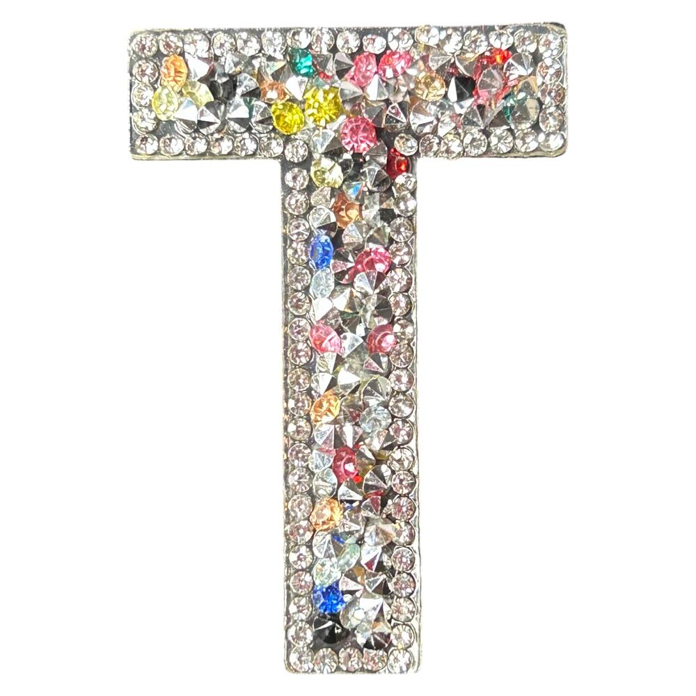Letter T Multicolor Rhinestone Iron On Patch - Picture 2 of 3